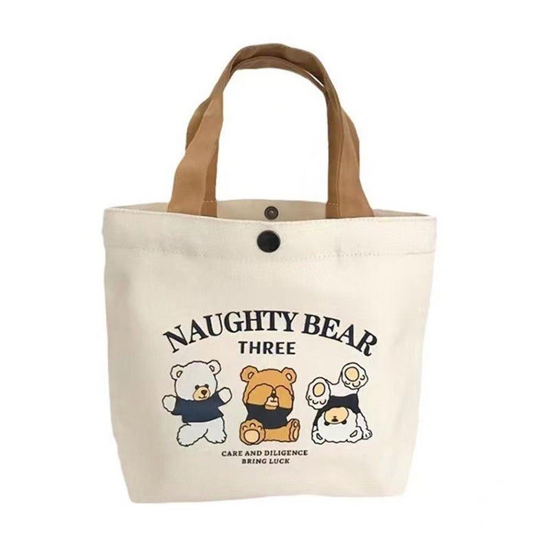 Bear canvas bag, versatile lunchbox for women, students, and office workers, simple and stylish eco-friendly tote bag.